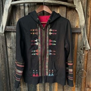 Western Black Knit Embroidered Dull Zip Hoodie Jacket